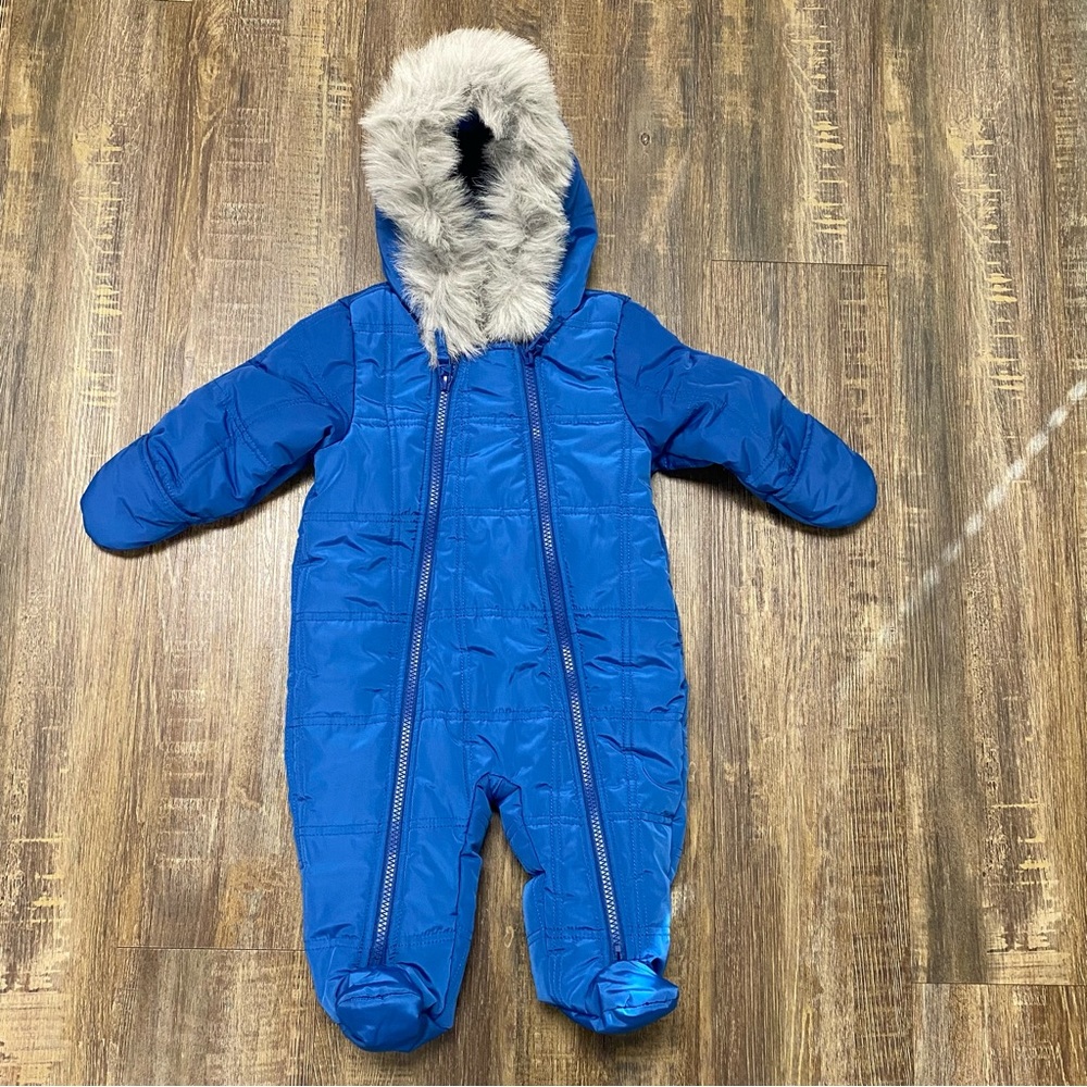 Babies R Us Blue Hooded Snowsuit with‎ Faux Fur Trim Infant 3-6 Mos One Piece